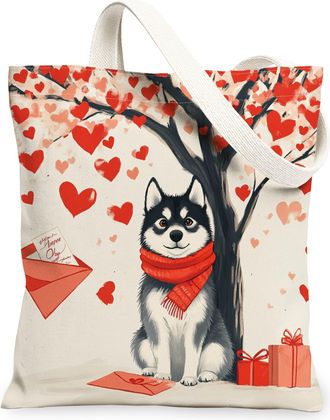 Generic Valentines Day Husky Dog Canvas Tote Bag for Shopping 13x15, Fun Heart Tree Puppy Reusable Grocery Print Pattern Bag for Women, Pet Beach Aesthetic Pa
