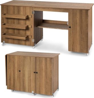 Costway Costway - Mesa Plegable De Costura, Mesa Vers&aacute;til Abatible Para Manualidades Con Superficie Amplia, Escritorio Para Ordenador Con Ruedas Bloqueables (