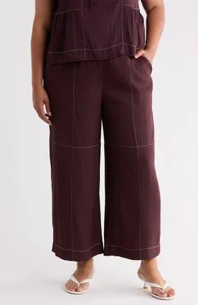 Adrianna Papell Crinkled Topstitched Pants in Chocolate/Ivory at Nordstrom Rack, Size 1X