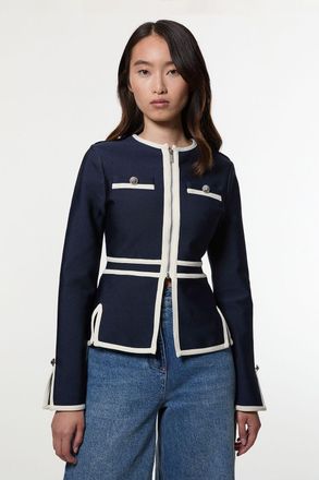 Karen Millen Womens Figure Form Bandage Military Contrast Piping Knit Split Hem Jacket - Navy - Size 8 UK