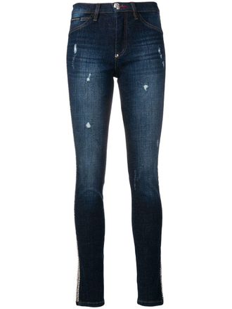 Philipp Plein crystal trim skinny jeans - women - Cotton/Polyester/Cotton/Spandex/Elastane - 25 - Blue