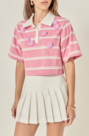 English Factory Floral Embellished Striped Polo T-Shirt in Pink/off White at Nordstrom, Size X-Small