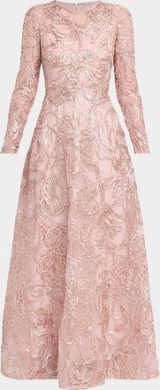 Pamella Roland Metallic Raffia Floral Embroidered Long-Sleeve Gown