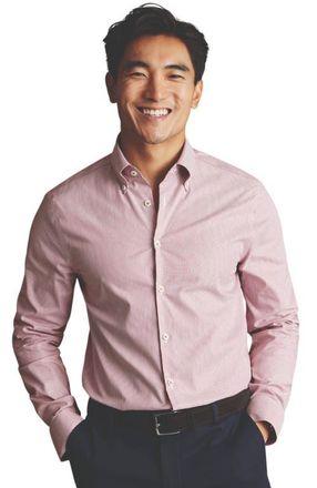 CHARLES TYRWHITT Non-Iron Stretch Pinpoint Oxford Stripe Shirt in Maroon Red at Nordstrom, Size 15.534