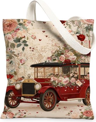 Generic Vintage Floral Canvas Tote Bag, Classic Car Design Reusable Grocery Bags, Elegant Washable Shoulder Strap Canvas Bags for S, Red, 13x15 Inch