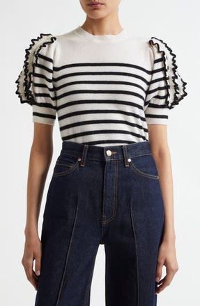 Ulla Johnson Ottilie Stripe Puff Sleeve Cashmere Sweater in Noir Stripe at Nordstrom Rack, Size Small