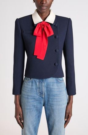 Valentino Garavani Layered Collar & Bow Wool Crepe Jacket in Navy Multi at Nordstrom, Size 40