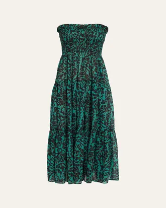 Ulla Johnson Lucca Smocked Strapless Midi Dress