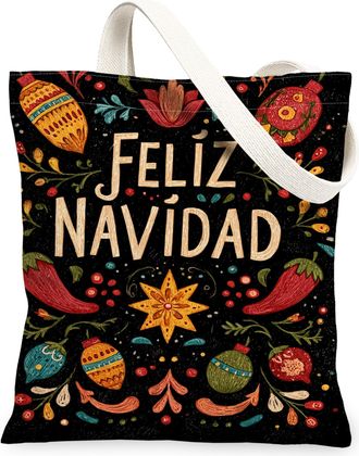 Generic Christmas Ornament Canvas Tote Bags, Festive Floral Design Reusable Bags, Holiday Vintage Lightweight Washable Canvas for T, Black, 13x15 Inch