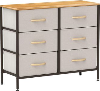 HOMCOM 6 Drawer Fabric Chest of Drawers w/ Wooden Top for Hallway - Cream | TJ Hughes