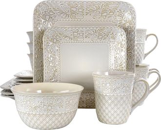 Elama Ivory Lotus 16 Piece Square Dinnerware Set in White at Nordstrom