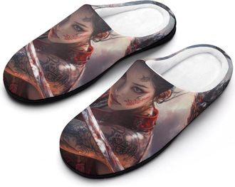 Generic Japanese Samurai Monster Mens House Slippers Memory Foam Washable Cotton Slip on Home Shoes