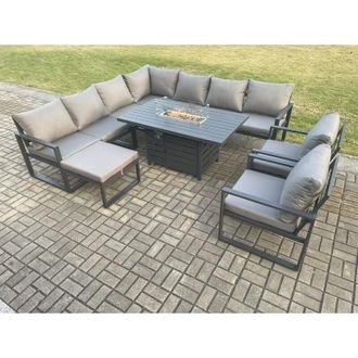 Fimous Fimous Aluminium 10 Seater Garden Furniture Outdoor Set Patio Lounge Sofa Gas Fire Pit Dining Table Set with 2 Chairs Big Footstool Dark Grey