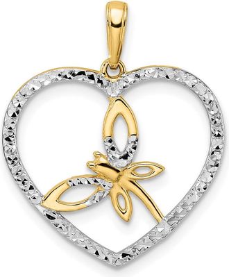 Diamond2Deal 14k Yellow Gold White Rhodium Diamond-cut Dragonfly in Heart Pendant