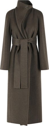Khaite Raised Neck Green Wool Coat With Matching Belt And Side Pockets