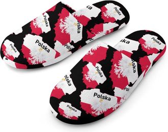 Generic Poland Map Flag Flannel Mens Slip-on Slippers Winter Warm House Shoes with Rubber Sole for Home Hotel