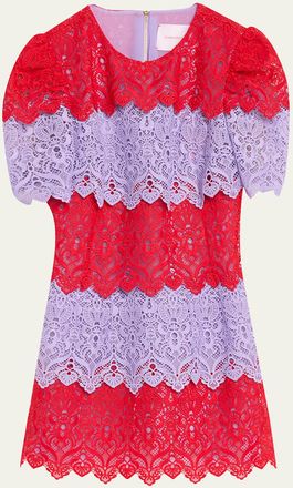 Carolina Herrera Tiered Colorblock Lace Short-Sleeve Mini Dress