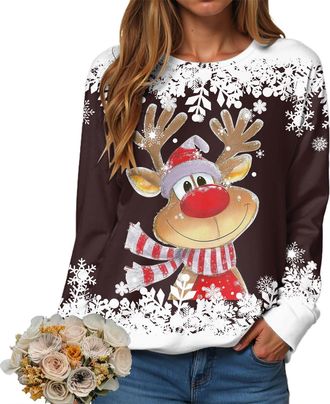 Generic Womens Ugly Christmas Sweatshirt Funny Reindeer and Snowflake Graphic Print Funny Ugly Light Up Xmas Jumper Ladies Hoodie Sweater Dress Tops Christmas
