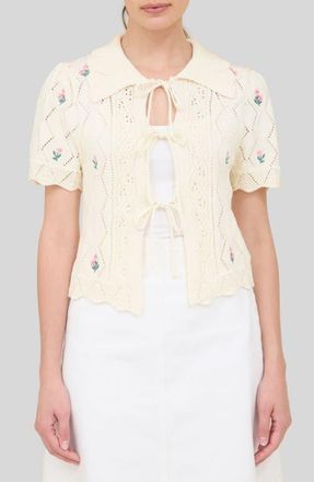 ZOE AND CLAIRE Floral Tie Front Cardigan in Cream at Nordstrom, Size X-Small