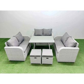 Fimous Rattan Garden Furniture Dining Set 8-seater Patio Rectangular Table Love Sofa Set with 2 Small Stools - Fimous