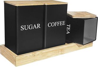 OEM Juego De 3 Botes Para T&eacute;/caf&eacute; Y Az&uacute;car: T&eacute; Negro, Caf&eacute; Y Az&uacute;car. Botes Met&aacute;licos Con Tapa De Bamb&uacute; Herm&eacute;tica Y Bandeja