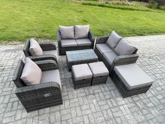 Fimous 9 Seater Rattan Garden Furniture Set Patio Outdoor Lounge Sofa Set with Rectangular Coffee Table 3 Footstools Love Sofa Dark Grey Mixed