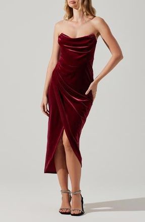 ASTR the Label Meghan Ruched Strapless Velvet Midi Dress in Crimson Re at Nordstrom Rack, Size Medium