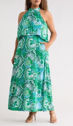 Sugarlips Tanti Floral Moya Halter Maxi Dress in Kelly-Blues at Nordstrom, Size 2X