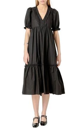 English Factory Puff Sleeve Empire Waist Tiered Cotton Midi Dress in Black at Nordstrom Rack, Size X-Small