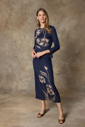 Ming Wang Floral Jacquard Soft Knit Top in Indigo/ivory/warm Taupe at Nordstrom, Size X-Large