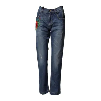 Dolce & Gabbana Straight Jeans, female, Blue, Size: XS Floral Embroidered Boyfriend Denim Jeans
