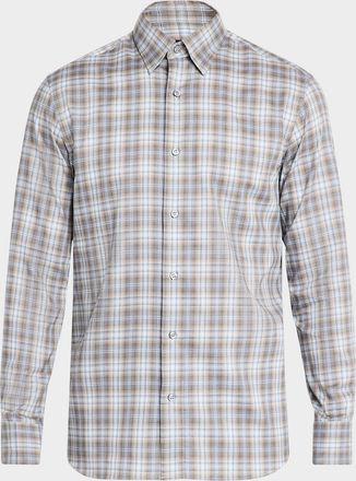 Brioni Mens Cotton Check Casual Button-Down Shirt