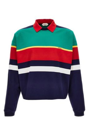 Versace Stripe Heavyweight Cotton Jersey Polo Sweatshirt in Green Yellow Lipstick Red at Nordstrom, Size Xx-Large
