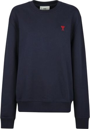 Ami Sweatshirts, female, Blue, Size: S Cotton Sweatshirt with Red Logo Embroidery