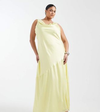 Tfnc Plus Vestito lungo da damigella in raso giallo burro con scollo ad anello sul davanti e sul retro