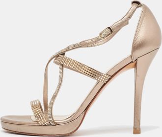 Stuart Weitzman Metallic Gold Leather Crystal Embellished Ankle Strap Sandals