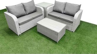 Fimous 4 Seater Outdoor Love Sofa Set Rattan Garden Furniture Set with Rectangular Coffee Table Side Table Light Grey - Fimous