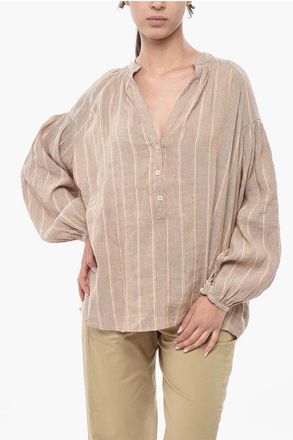 Woolrich Striped Linen-Blend Blouse with V-Neck size Xs
