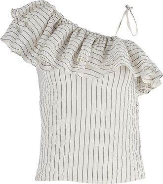 Ganni Ganni Wilkie Ruffled Striped Blouse in White Cotton and Silk