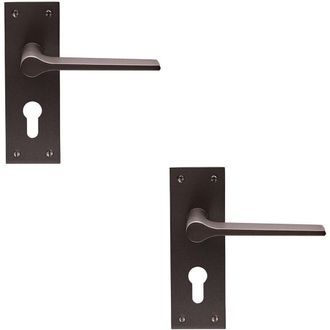 Loops 2x PAIR Flat Straight Handle on Slim Euro Lock Backplate 150 x 50mm Matt Bronze