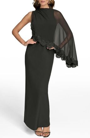 DKNY Lace Trim Chiffon Capelet Scuba Knit Cocktail Dress in Black at Nordstrom, Size 10