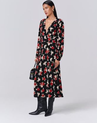 Ghost London Gracie Floral V Neck Midi Dress in Black Flower at Nordstrom, Size 10