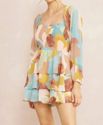 Entro Printed Square Neck Tiered Romper In Mocha Combo