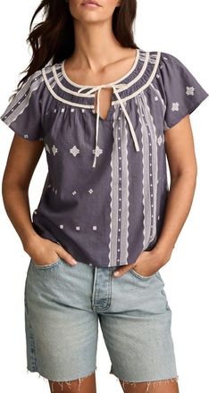 Lucky Brand Geo Embroidered Short Sleeve Cotton Peasant Top in Night Shadow Blue at Nordstrom, Size Xx-Large