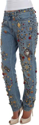 Dolce & Gabbana Womens Crystal Roses Heart Embellished Jeans Blue Viscose Clothing