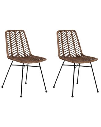 Beliani Set Di 2 Sedie Da Pranzo Con Schienale E Seduta In Vimini Senza Braccioli Gambe In Ferro Design Boho Marrone Dilley