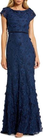 Mac Duggal Petite Floral Applique Boat Neck Cap Sleeve Gown in Midnight at Nordstrom, Size 14