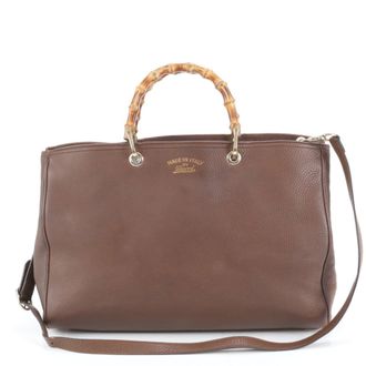 Gucci Bamboo Brown Leather Shoulder Bag Tote Bag (Pre-Owned)