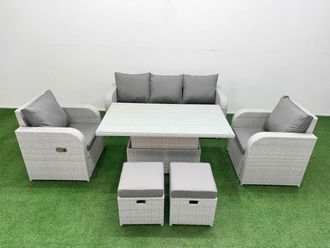 Fimous PE Rattan Garden Furniture Set Reclining Chair Sofa Lounge Sofa Set Adjustable Lifting Dining or Coffee Table 2 Small Stools Light Grey