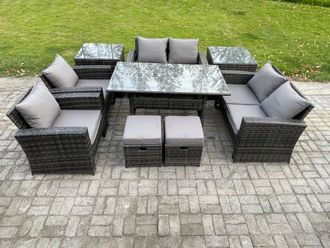 Fimous Garden Furniture Sets 9 Pieces Rattan Furniture Handmade Wicker Patio Sofa Set with 2 Small Footstools 2 Side Tables in Dark Grey